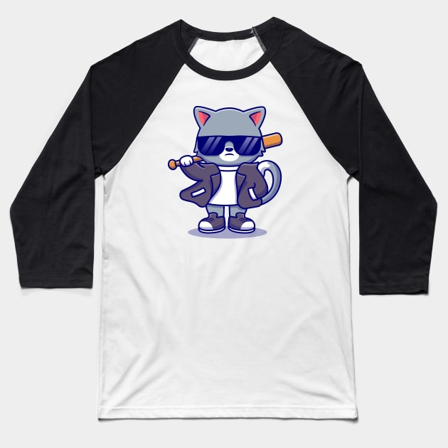 Cute Bad Cat Wearing Suit And Sunglasses With Baseball Bat Baseball T-Shirt by Catalyst Labs